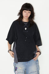 Irregular patchwork off-the-shoulder short-sleeved T-shirt for summer