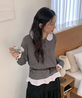ラウンドカラーストライプフリルTシャツ