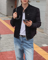 レイデン スエード ニット ミックス クロップ ライダー ジャケット