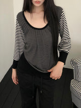 ミナミ ストライプド Uネック 9分袖 Tシャツ