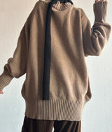 4-BUTTON V-NECK BOXY OVERSIZED LOOSE KNIT BROWN KITSCH AUTUMN THICK CARDIGAN (SCARF SET X)