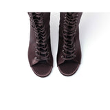 サテンレースアップオープントゥブーツヒール (Brown)