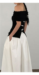 Black Macaron Bow Off Shoulder Tee
