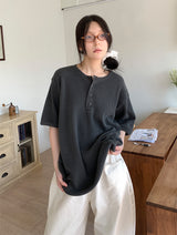 WAFFLE BUTTON OVERSIZED TEE (3C)