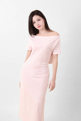 Off-Shoulder Slit Long Onepiece Pink