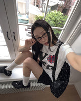 Butu Vintage Heart Check Patch Short-Sleeved T-Shirt