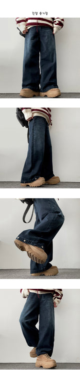 [Fleece lining] リネンヘムスナップウォッシュワイドデニムパンツ - 3 Tier Length
