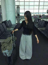 Berun Stripe Color Matching Banding Wide Long Pants