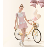 GirlyFancyClub Energetic Girl Academy Pink Short-Sleeved Knit Faux Two-Piece Top