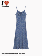 blue floral sleeveless chiffon long dress
