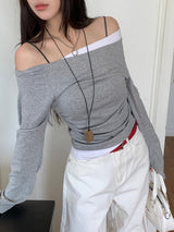 Milky Unbalance Off-Shoulder Boatneck Shirring Long Sleeve T 