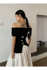 Black Macaron Bow Off Shoulder Tee