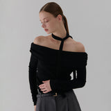 NECK RIBBON SHIRRING OFF-SHOULDER T SHIRT BLACK