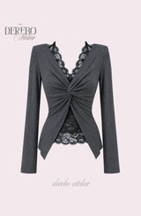 Roy Black Halter Lace Twist Long Sleeve T-shirt