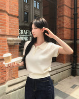 [MADE/4color] カラーネックブックル半袖ニット