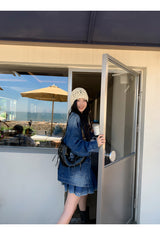 denim loose fit collar zip-up jacket two-piece (skirt set)