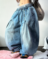 KOREAN / KEYRING / STRING 🩵 FRONT SLIT BALLOON JOGGER DENIM WIDE LONG PANTS 🩵🖤 - 2 COLORS