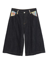 Checked pocket dark blue wide cropped denim