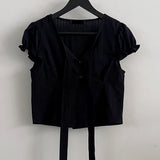 ウィッシュVネックストラップパフショルダースリムフィット半袖ブラウス (2 colors)