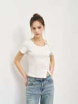 【お気に入り追加で応募】button slit string half t-shirts