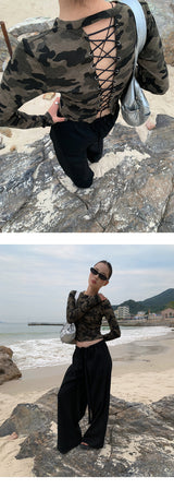 Camo plage back strap long-sleeve zip-up T-shirt