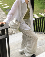 Satin Linen Stripe Wide Banding Long Pants