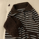 Metal logo big collar stripe knit cardigan