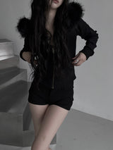 slim fur hood zip-up (fleece-lined / 3color)