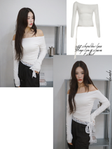 オフショルダーレースストラップロングスリーブTシャツ