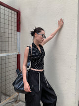dot halter sleeveless V-neck top