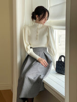 Levin Puff Pearl Button Frill Lace Turtleneck Knit