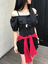 Lovely Note Two-Way Square Neck Off Shoulder Ribbon BLouse