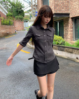 [MADE] Theku Pocket Roll-Up Neck Collar Slim Fit 3/4 Sleeve Shirt