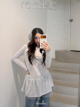 Trendy lace frill long-sleeved shirring T-shirt