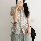 Hbit Sleeve Roll-Up Side Line Shirring Check Short Sleeve Blouse (3 colors)