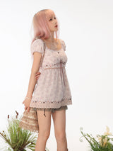Rose Island floral layered mesh lantern sleeve top and mini skirt