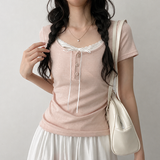 ミウ サイド シャーリング レース ショートスリーブ ブラウス Tシャツ (4 colors)