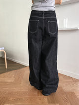 Skoll two-way pintuck paisley cubic stitch non-fade denim long wide pants