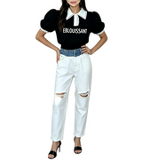 カラー レタリング プリント パフスリーブ スリムフィット Tシャツ