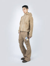 Curved Hood Leather Jacket (Beige)