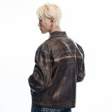 Washed Line Leather Jacket - BROWN