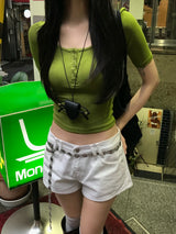 Olive Diary Button U-Neck Slim Fit T-Shirt