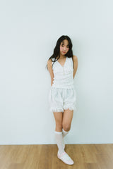 FLOWER EYELET LACE UP TOP
