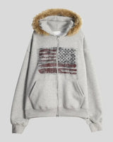 (UNISEX) USA Flag Fur Hood Zip-up