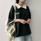 Light Half Zip-Up Coloring Collar Short Sleeve T-shirt