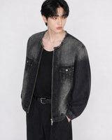 (UNISEX) No-Collar Over Denim Jacket