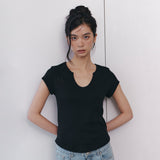C 90S ラインスリットネック半袖Tシャツ_ブラック