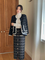 [Two-piece set] Rosy color matching knit cardigan banding skirt set