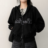 Rika Lettering Embroidered Zurry High-Neck Hooded Zip-Up