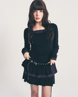 dot frill layered top / black